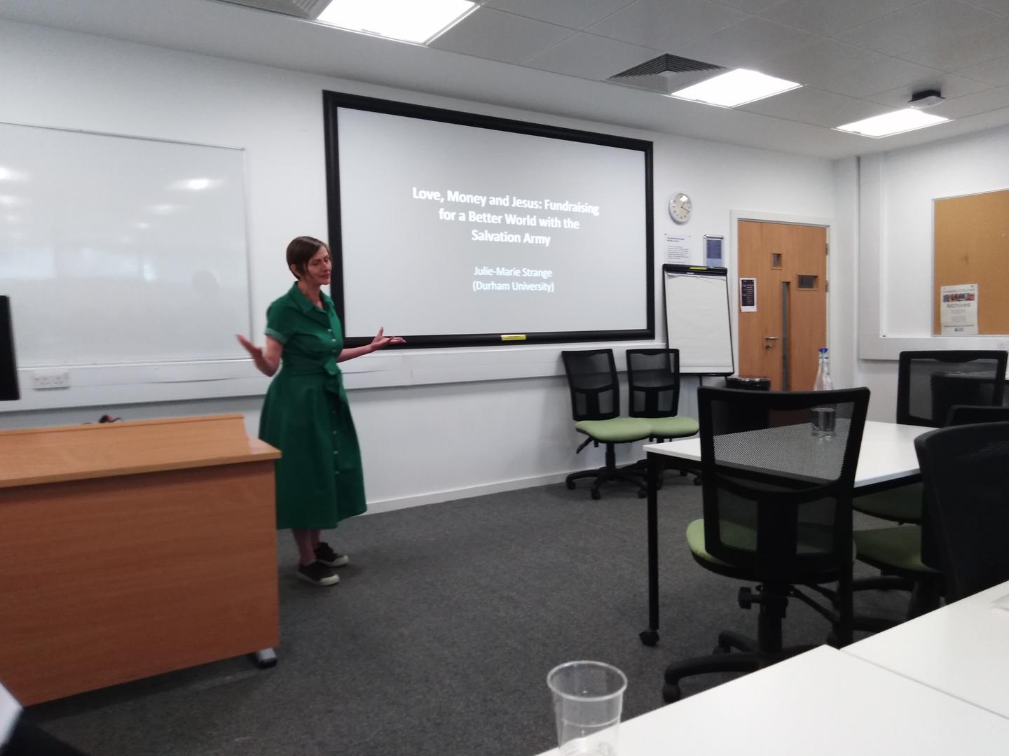 Julie-Marie Strange presenting her paper  ‘Love, Money and Jesus: Fundraising for a Better World with the Salvation Army’, BAVS Conference, 2019