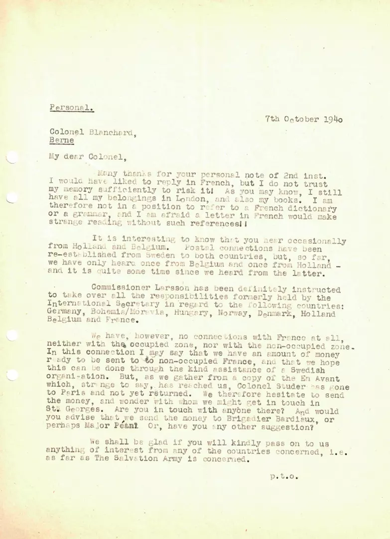 Typescript letter from Major Erik Wickberg to Colonel Blanchard, 7 October 1940