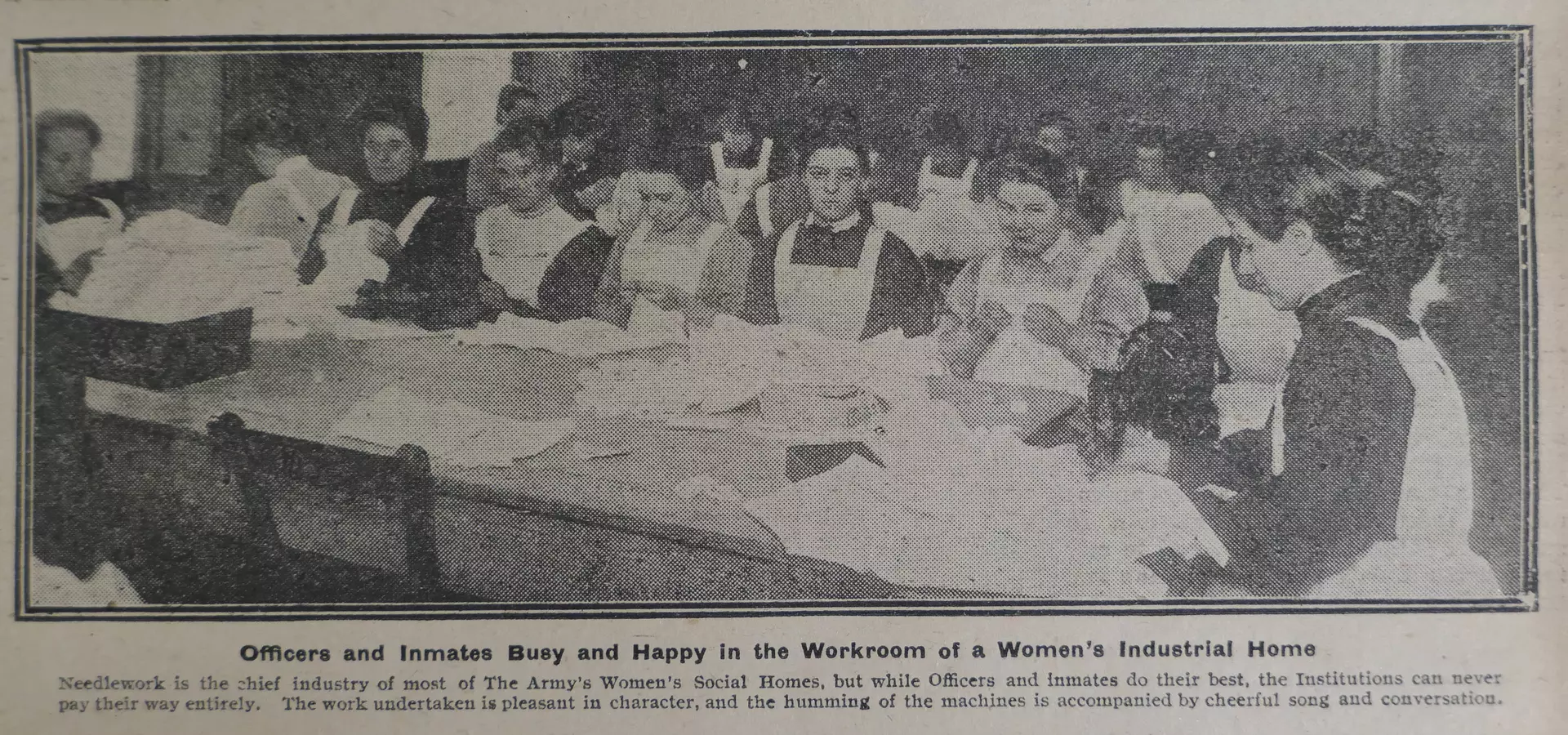 An image of a Salvation Army industrial home workroom, showing women sewing and embroidering