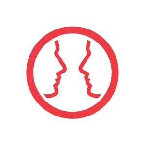 A white square logo with the outline of two people looking at each other 