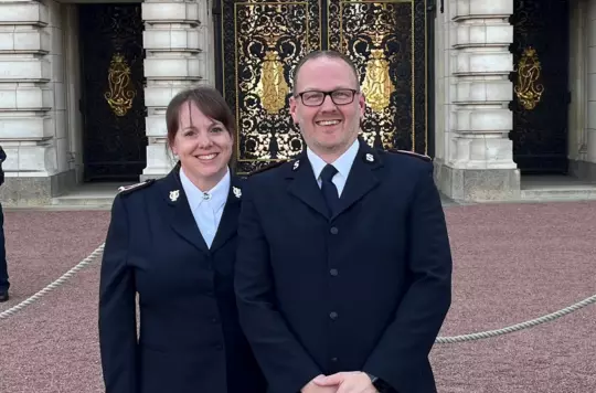 Community Services Director at Croydon Citadel, Chris Waldock and his wife, Rebecca who is the Community Mission Facilitator at Penge Salvation Army at Buckingham Palace