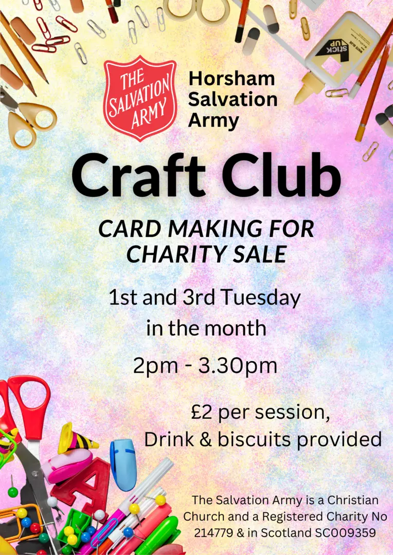 Craft Club, Card making for charity sale, 1st and 3rd Tuesdays at 2pm, £2, Drink & Biscuits provided a session