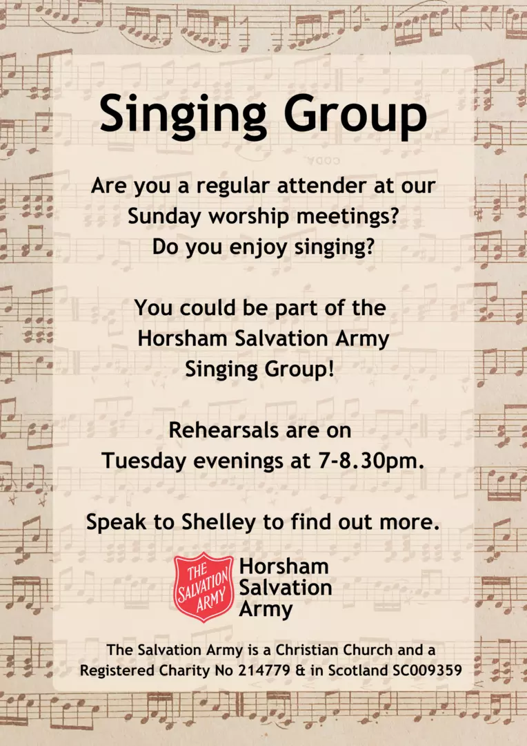 Singing Group, Tuesdays 7pm-8.30pm. Are you a regular attender at our Sunday Worship and enjoy singing? You could be part of our singing group. Speak to Shelley to find our more