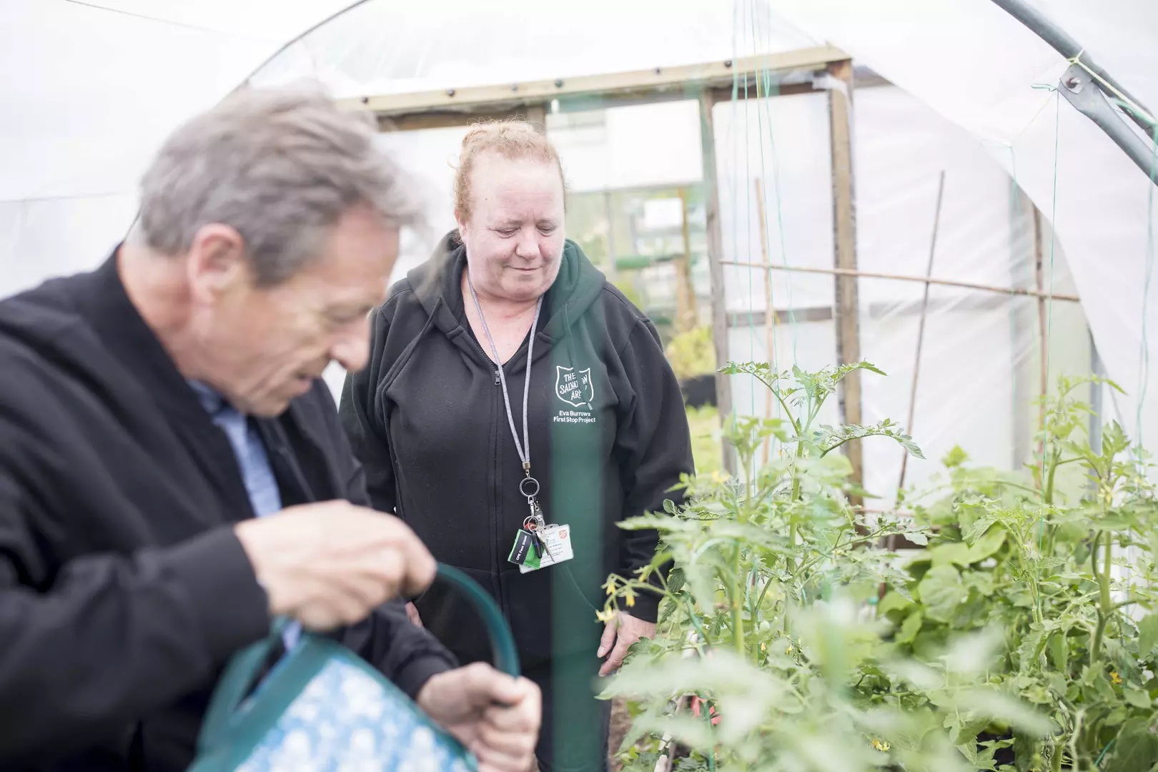 A middle aged man and a woman are watering plants in a polytunnel with a watering can.