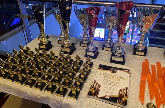 Selection of trophies and medals on a table 